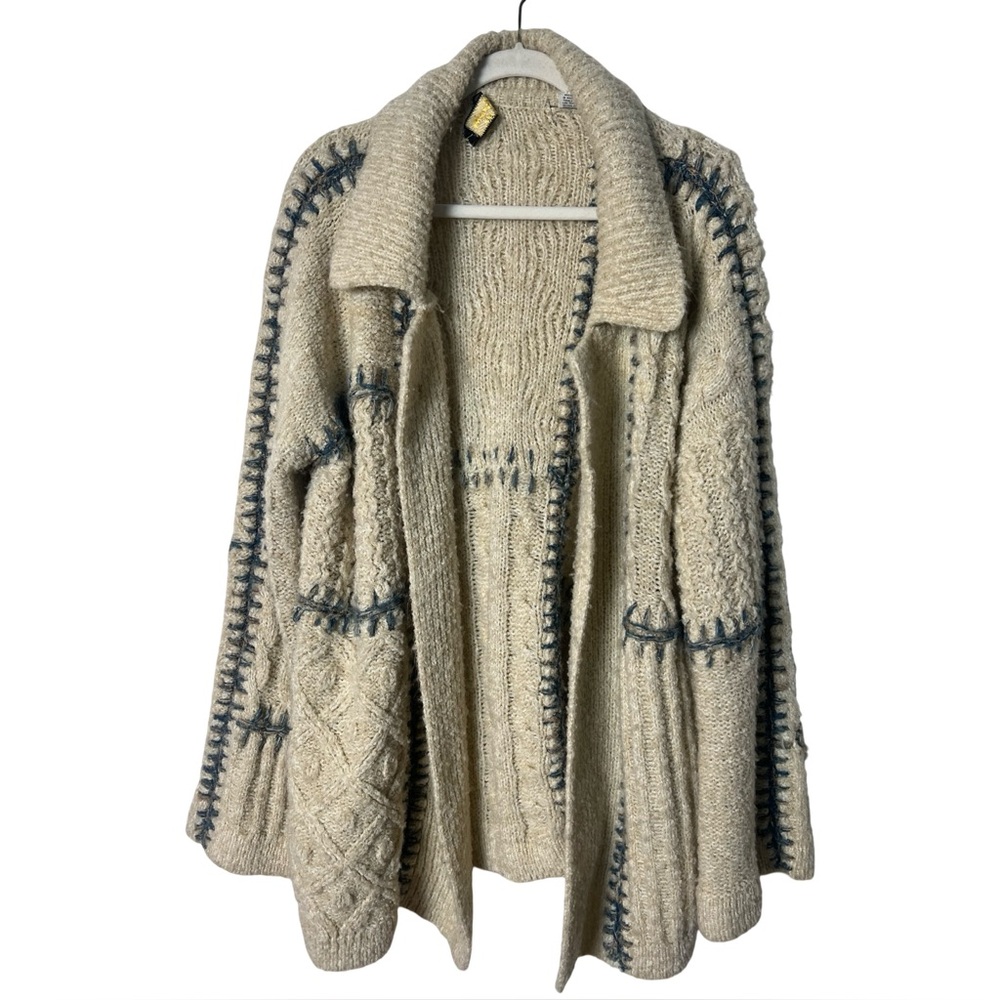 Chemise Et Cie VTG Cream Mixed Knit Open Cardigan Duster Blanket Stitch 70s Sz L